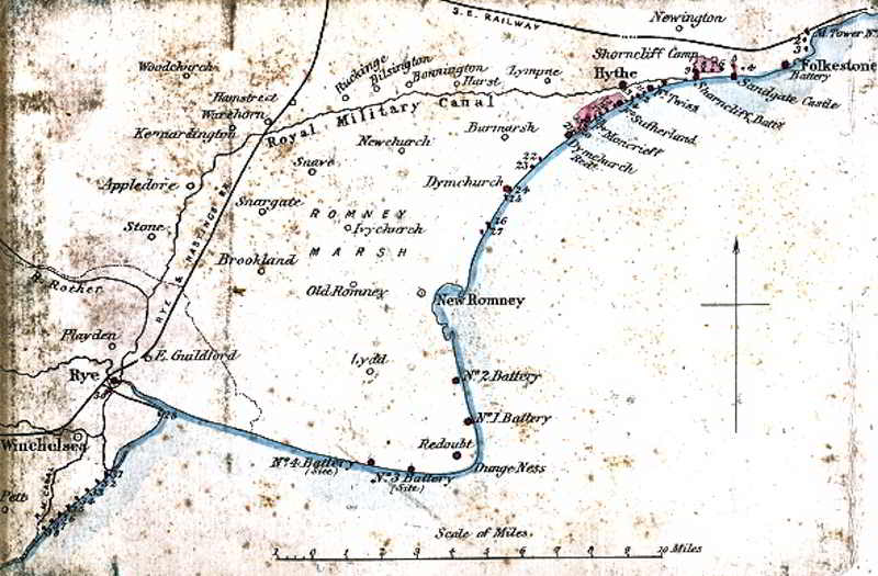 1867 map showing the Fortifications on the Romney Marsh coast